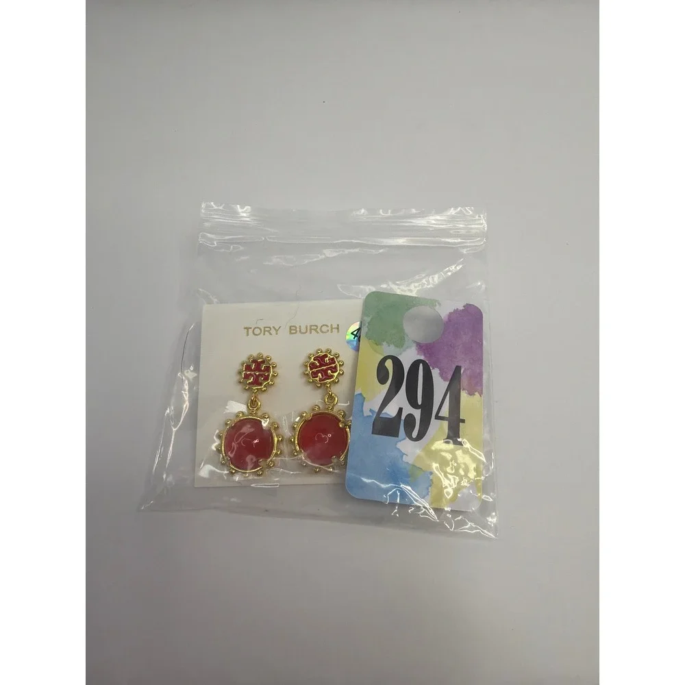 Tory Burch Miller Roxanne Drop Earrings Red Gold Logo Enamel Cabochon Dangle NWT